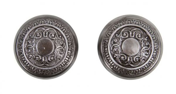 original early 20th century american antique interior residential ornamental wrought steel "mantua" pattern doorknobs with oil-rubbed bronze finish