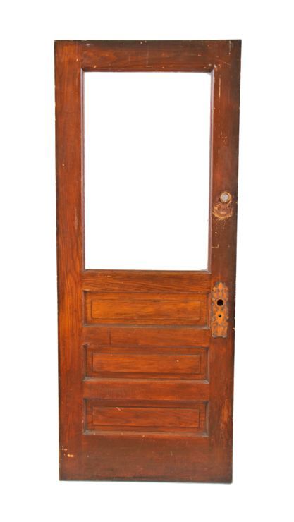 original c. 1895 american varnished oak wood raised panel interior residential vestibule door with intact large clear glass pane