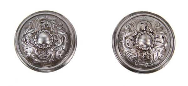 pair of early 20th century american antique brushed ornamental wrought steel "oakdale" pattern interior residential passage size doorknobs