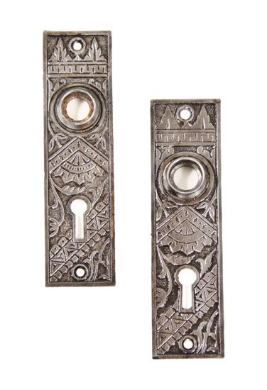 original c. 1880's american eastlake style "oriental" pattern ornamental cast iron doorknob backplates with oil-rubbed bronze finish 