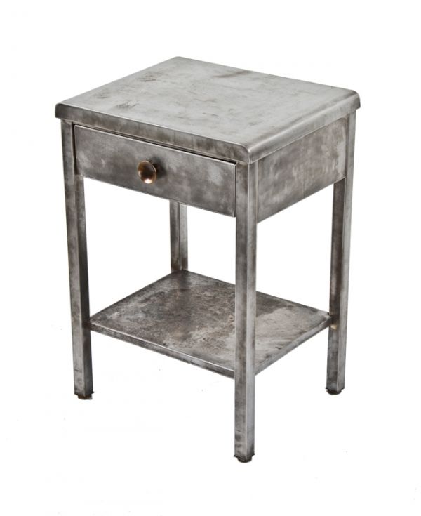 early 1940's american machine age streamlined cold-rolled brushed steel  life-long brand hospital side table with single sliding drawer containing
