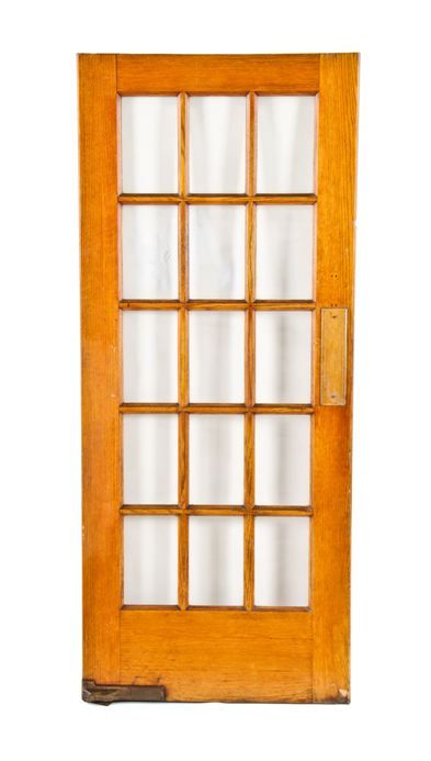 finely made c. 1920's american interior residential chicago bungalow golden oak wood swinging french door featuring all original clear glass panes 