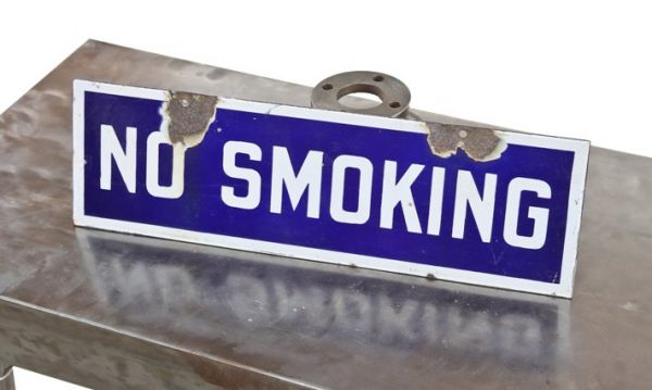 heavily reinforced late 1930's vintage american industrial cobalt blue porcelain enameled "no smoking" single-sided chicago paint factory sign 