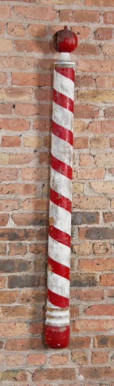 c. late 19th or early 20th century american antique original exterior storefront hand-painted barber pole trade sign with intact ball finial 