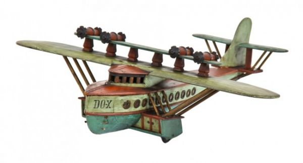 one-of-a-kind c. 1930's museum quality american folk art handcrafted polychromatic enameled wood dornier do x model flying boat with allover crazed finish