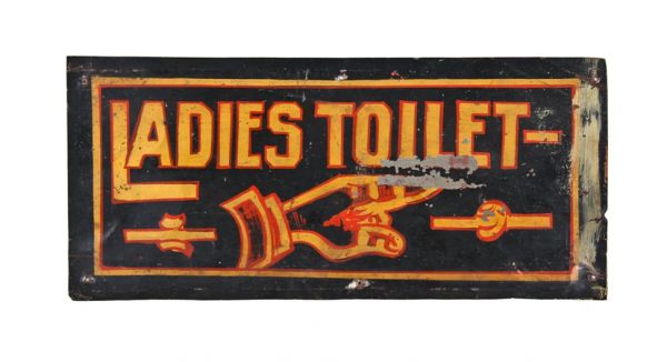 rare c. 1900's american folk art city saloon single-sided hand painted tin "ladies toilet" lavatory sign with distinctive pointing finger