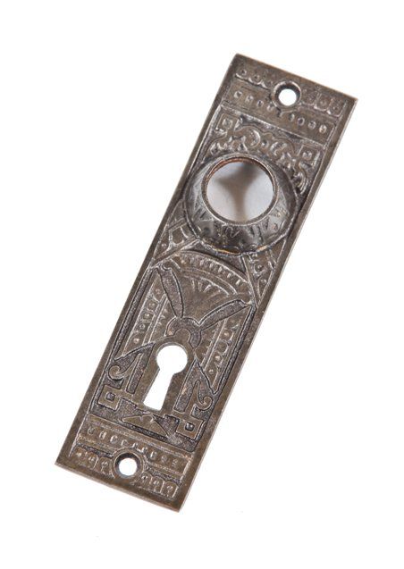 american 19th century antique ornamental cast iron interior residential "screwless spindle" passage door backplate with oil-rubbed bronze finish