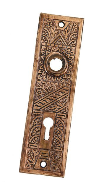 late 19th century original antique american eastlake style "windsor" pattern lightly incised wrought bronze doorknob backplate