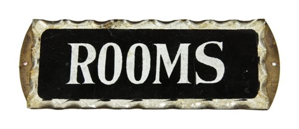 c. 1930's american depression era south side chicago grand hotel single-sided reverse painted "rooms" plate glass sign with scalloped border