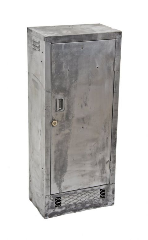 very unique lightweight american industrial folded and pressed sheet steel freestanding factory storage cabinet with recessed handle and brass lock