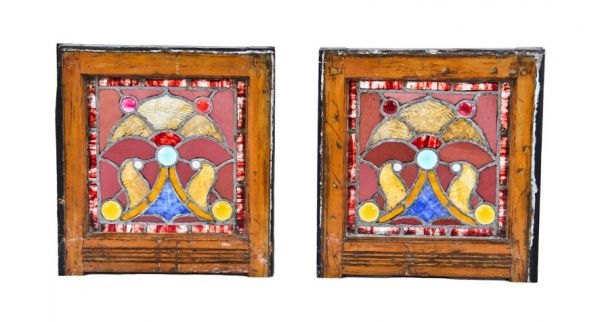 original brilliantly colored c. 1880's antique american interior residential variegated stained glass sidelights accentuated with jewels