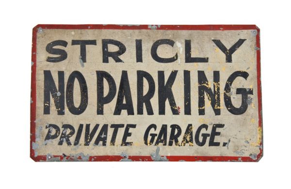 c. 1920's original hand-painted american folk art single-sided galvanized tin "no parking" sign with all-over crazed finish 