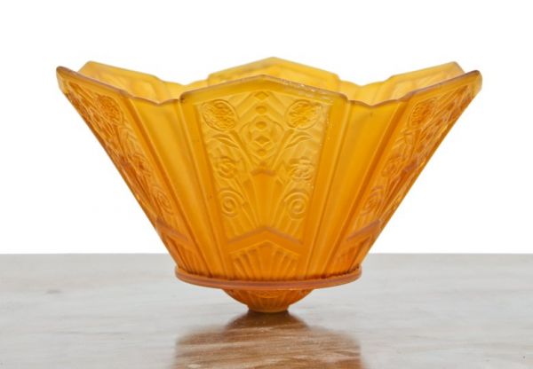 visually striking c. 1930's american art deco style amber-colored multi-faceted ornamental pressed glass pendant light replacement shade