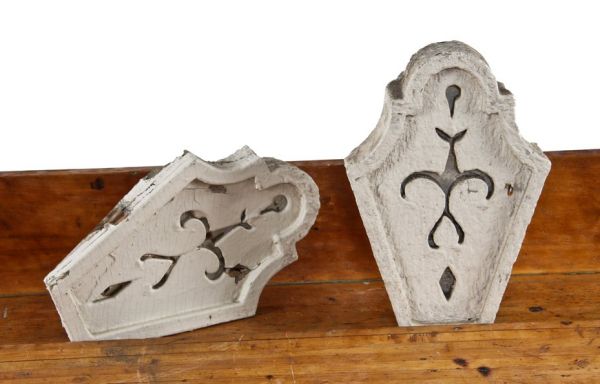 2 matching c. 1870's carved victorian american italianate pine arch top exterior white painted residential window hood keystones