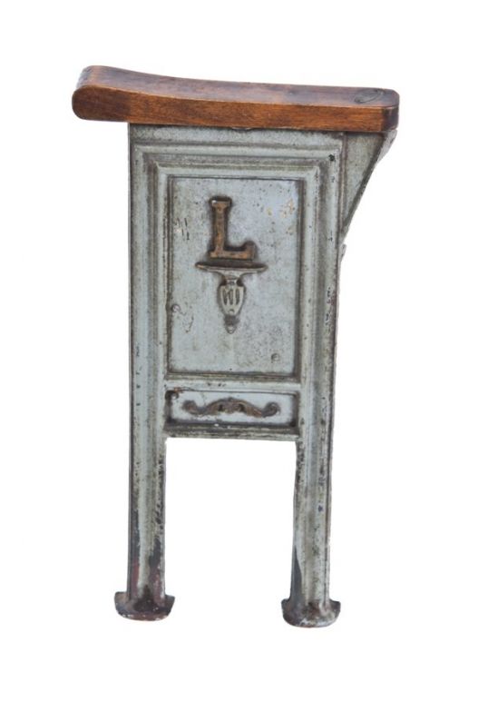 original and intact late 1920's hand-painted american ornamental cast iron monogrammed lawndale theater auditorium seat end with solid birch wood armrest 
