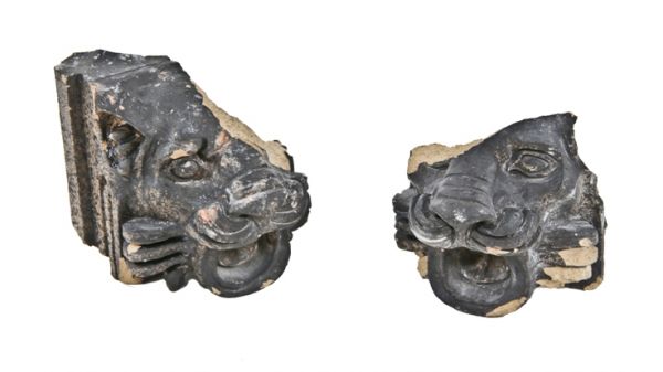 two original early 20th century exterior michael reese hospital or "old main" building facade figural lion head fragments with speckled glazed finish 