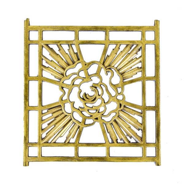 original visually striking early 1920's ornamental cast bronze interior residential art deco style single-sided perforated radiator grille with centrally located abstract flower