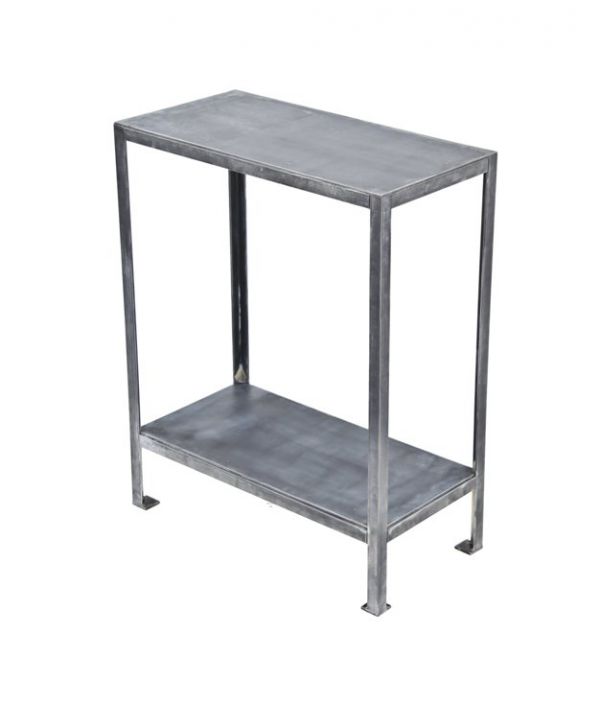 high-quality c. 1930's american vintage industrial multi-purpose two tier heavy gauge welded joint steel side table with square-shaped floor plates