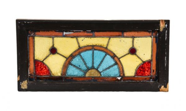 late 1880's american eastlake style chicago three-flat leaded stained glass transom window with centrally located segmented half-circle 