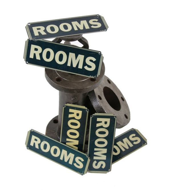 group of matching american depression era art deco style stepped profile transient hotel "rooms" stamped steel window display or wall-mount signs