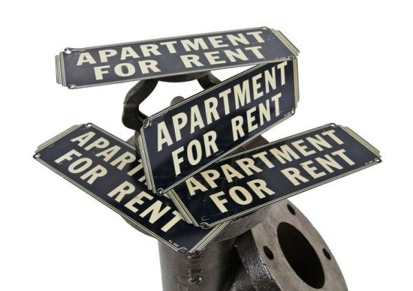 lot of matching c. 1930's american art deco style single-sided baked enameled steel "apartment for rent" new old stock informational signs 