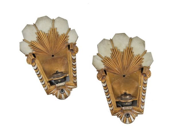 matching pair of early 1930's american art deco style interior residential flush mount ornamental cast iron slip shade wall sconces 