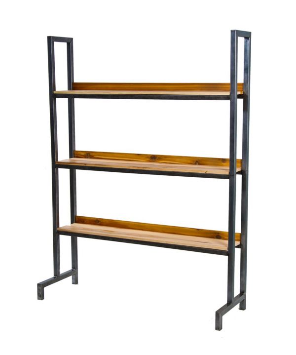 massive c. 1950's vintage american industrial custom-built all-welded tubular steel welding curtain stand with newly added hickory wood bookshelves 