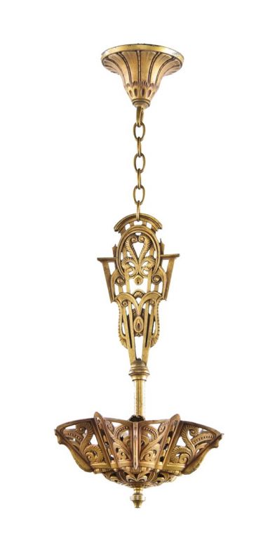 captivating c. 1930's american art deco style ornamental cast iron ceiling mount slip shade chandelier with original antique metallic gold enameled finish