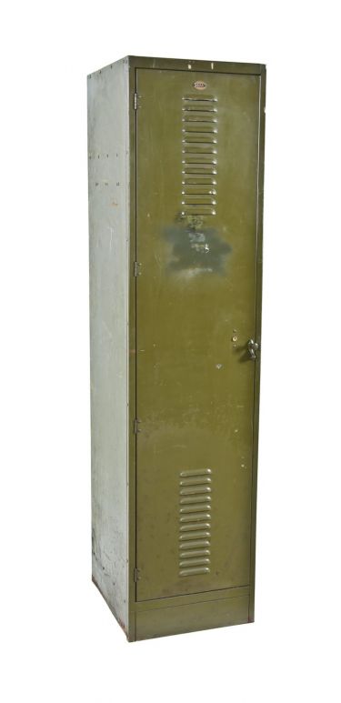 unusually large early 1920's vintage american industrial olive green enameled single freestanding locker with fully functional louvered door