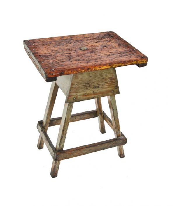 c. 1920's custom american vintage industrial painted pine wood factory side table with refinished weathered and worn revolving top