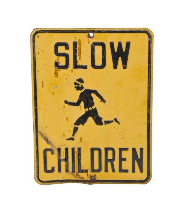 vintage american single-sided c. 1940's original chicago city street brightly colored "slow children" cautionary street sign with running child graphic