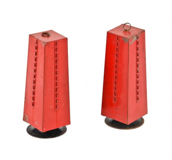 original matching pair of pyramid-shaped red enameled steel chicago service station revolving counter product display holders with ring handles