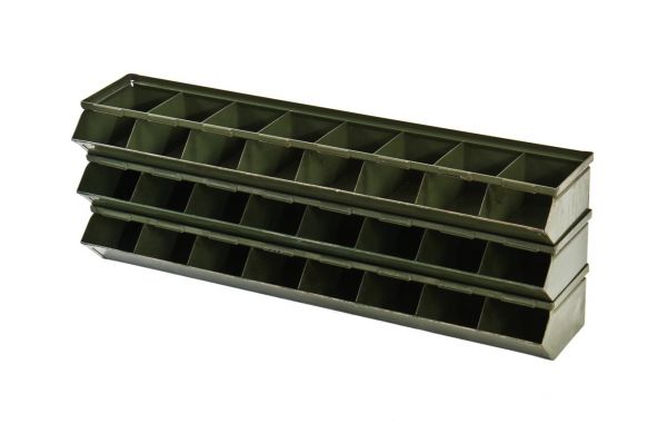 set of three c. 1930's american vintage industrial reinforced multi-unit stackable "small parts" nesting bins with original army green baked enameled finish 