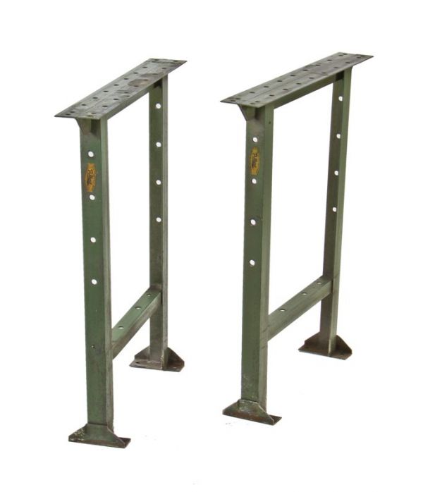 well-built c. 1930's american vintage industrial pollard cold-rolled angled  iron factory metal shop workbench bases or legs with green paint finish