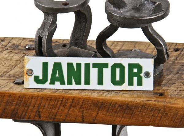 unique c. 1940's american industrial chicago public school single-sided die cut steel porcelain enameled "janitor" sign with bold green lettering