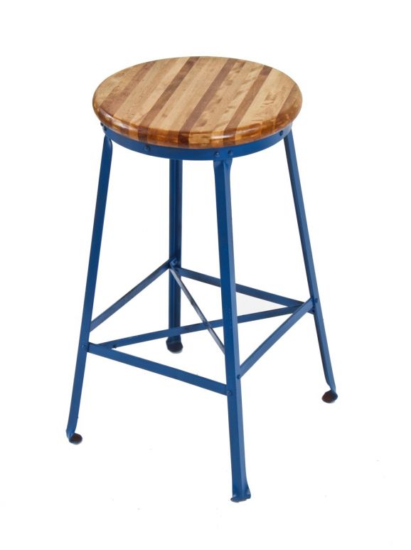 old american industrial four-legged blue enameled angled iron factory workshop stationary stool with inward turned ball feet