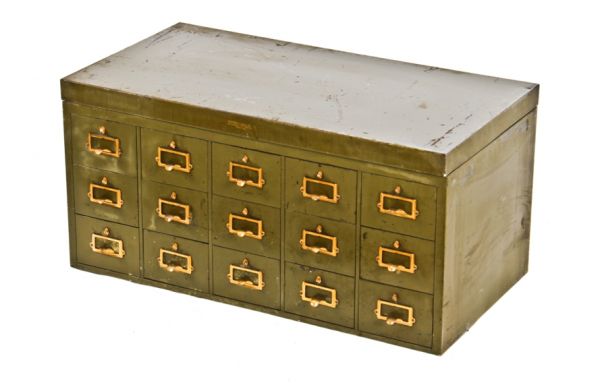 c. early 1920's american all original industrial olive green enameled heavy gauge steel multi-drawer filing cabinet with yellow brass handles