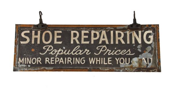 early 20th century exterior american hand-painted galvanized steel shoe repair shop diminutive trade sign with intact hanging brackets  