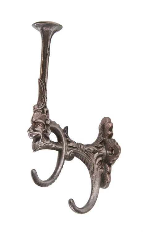 elegant late 19th century american victorian era figural cast iron wall-mount oversized residential coat and/or hat hook with brushed finish