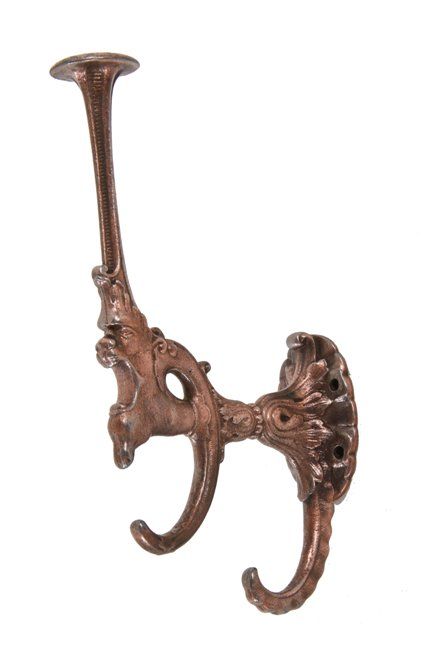 copper-plated ornamental cast iron american 19th century victorian era residential oversized figural coat hook with detailed leafage