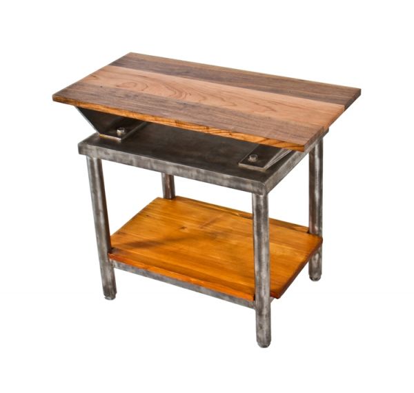 original c. 1940's all-welded vintage american industrial repurposed factory machine shop stationary side table with newly added walnut and cherry wood top