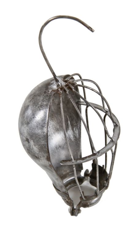 c. 1910 brushed steel vintage american industrial "loxon" galvanized steel light bulb guard or cage with intact sheet metal reflector 