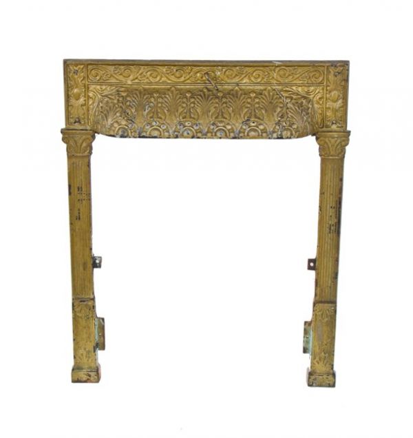 c. late 19th century metallic gold enameled american victorian era ornamental cast iron fireplace gas insert surround with fluted pilasters 