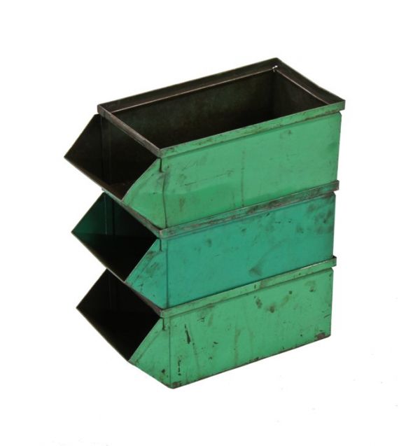 lot of three original vintage american industrial heavy gauge steel stackable factory parts bins with unique green enameled finsh