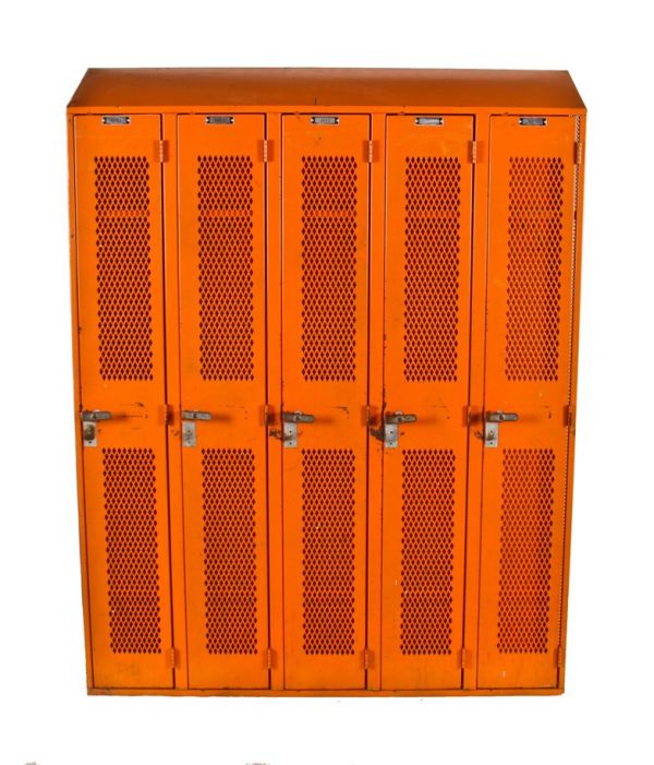 c. 1950's american original vintage industrial baked orange enameled ventilated chicago public school upright locker with angled top
