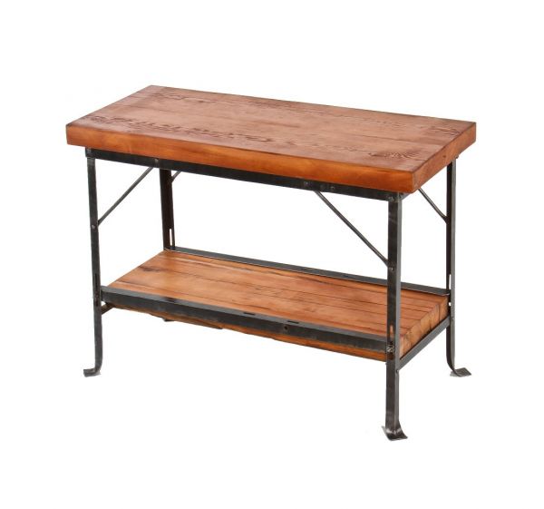 c. 1930's repurposed vintage american industrial riveted joint angled steel two tier stationary side table or console with newly added old growth wood