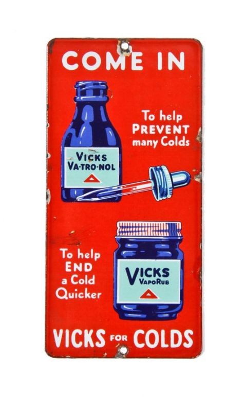 rare american depression era brightly colored and graphical "vicks for colds" single-sided porcelain enameled general store door push plate