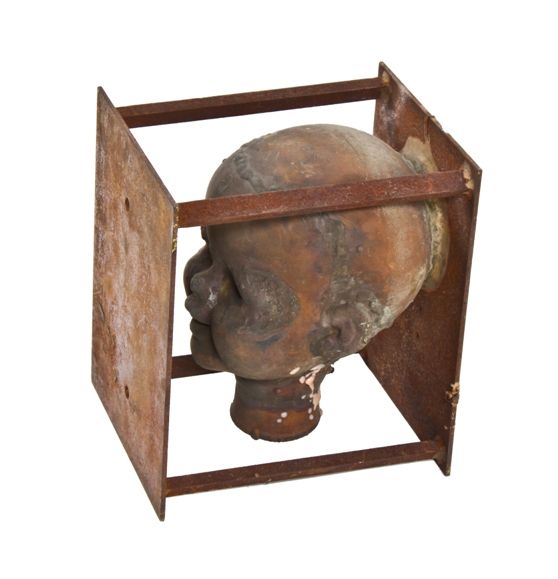 single c. 1960's american vintage industrial hollowed copper doll head "production" mold with all-welded joint steel bracket