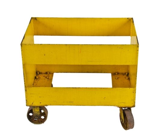 unusual c. 1940's vintage american industrial brightly colored yellow enameled all-welded heavy gauge steel mobile factory cart