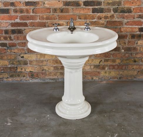 original and largely intact american antique interior residential freestanding white glazed porcelain lavatory pedestal sink with oversized bowl